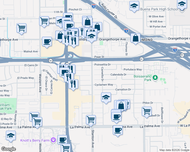 map of restaurants, bars, coffee shops, grocery stores, and more near 8025 Coral Bell Way in Buena Park