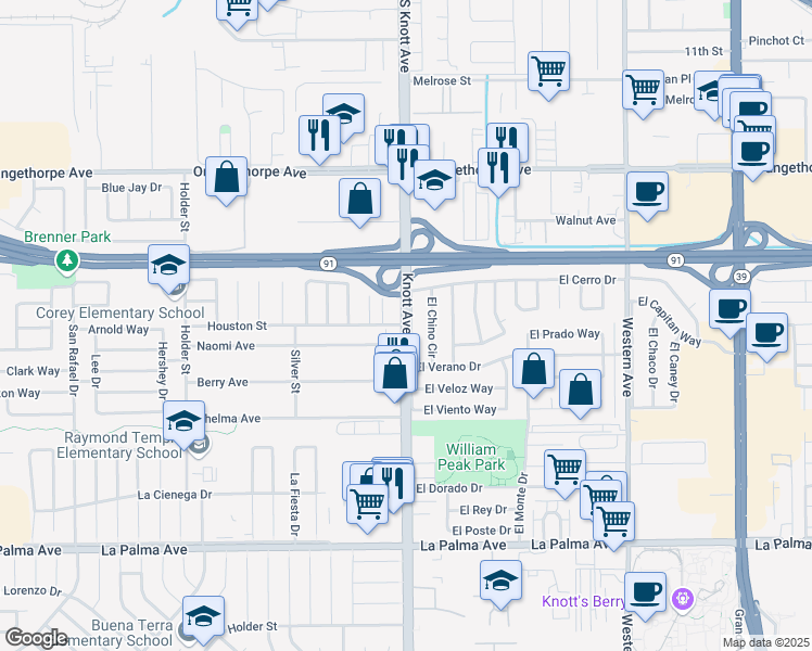 map of restaurants, bars, coffee shops, grocery stores, and more near 7524 El Cerro Drive in Buena Park