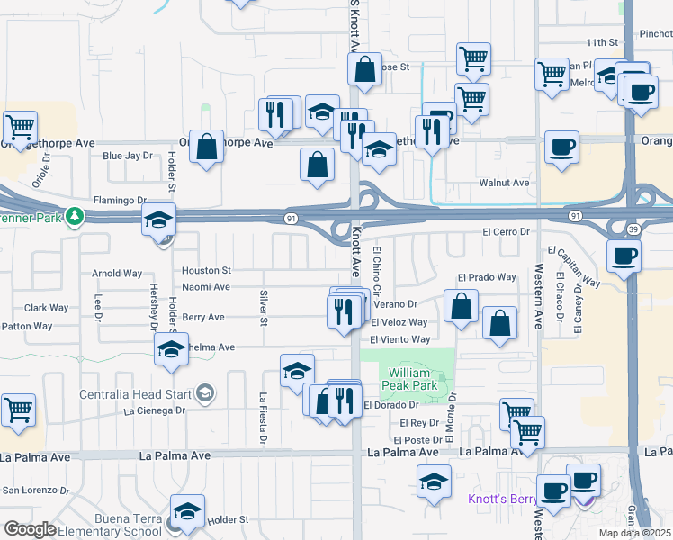 map of restaurants, bars, coffee shops, grocery stores, and more near 6936 Houston Street in Buena Park