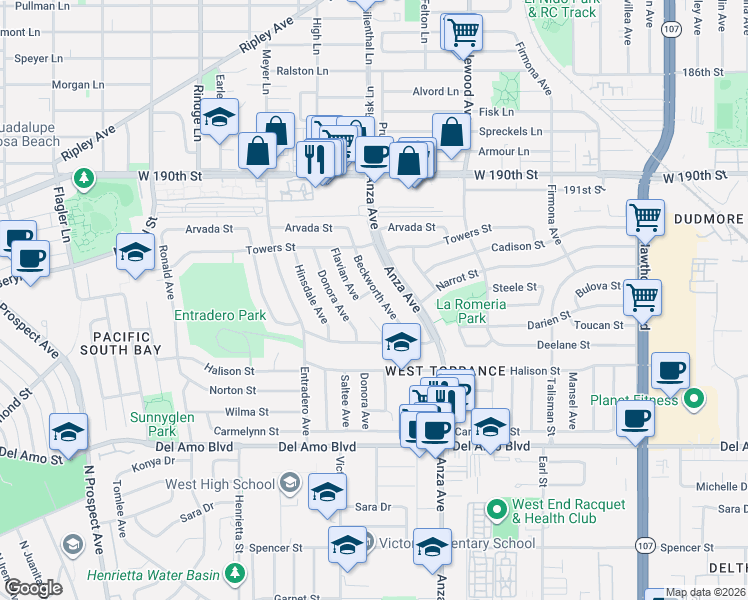 map of restaurants, bars, coffee shops, grocery stores, and more near 19421 Beckworth Avenue in Torrance
