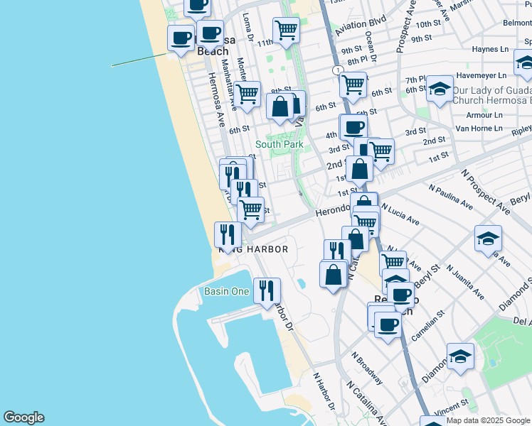 map of restaurants, bars, coffee shops, grocery stores, and more near 161 Lyndon Street in Hermosa Beach