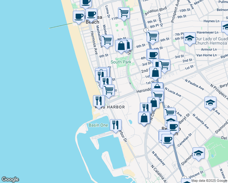 map of restaurants, bars, coffee shops, grocery stores, and more near 161 Lyndon Street in Hermosa Beach
