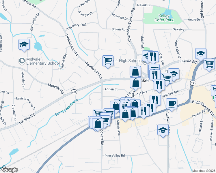 map of restaurants, bars, coffee shops, grocery stores, and more near 4068 Adrian Street in Tucker