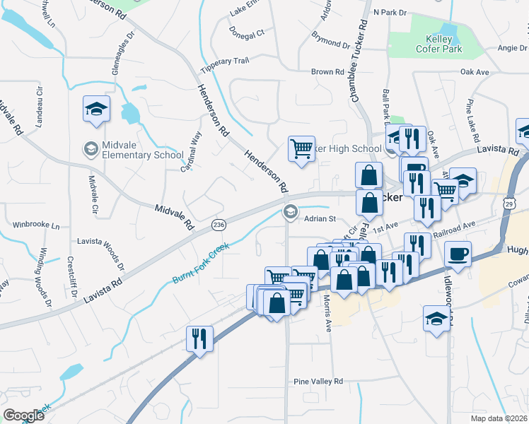 map of restaurants, bars, coffee shops, grocery stores, and more near 4781 Lavista Road in Tucker