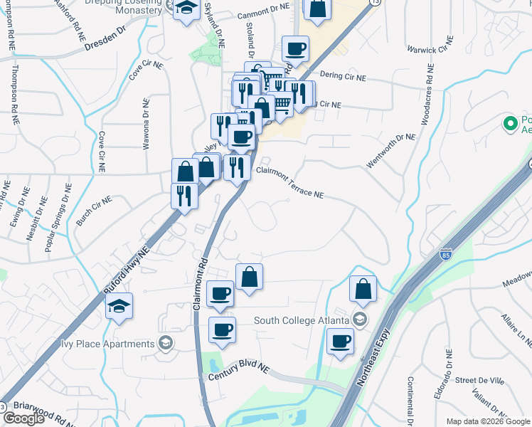 map of restaurants, bars, coffee shops, grocery stores, and more near 2259 Tanglewood Circle Northeast in Atlanta