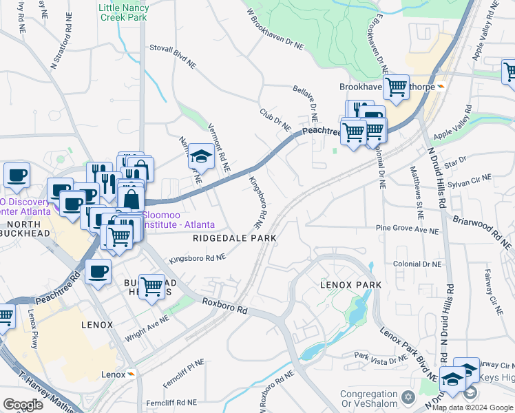 map of restaurants, bars, coffee shops, grocery stores, and more near 3644 Kingsboro Road Northeast in Atlanta