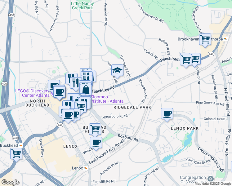 map of restaurants, bars, coffee shops, grocery stores, and more near 3675 Peachtree Road Northeast in Atlanta