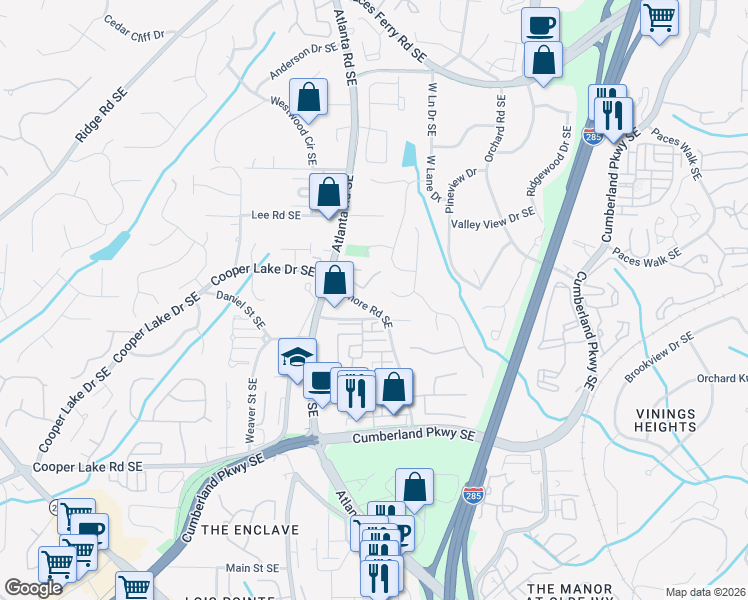 map of restaurants, bars, coffee shops, grocery stores, and more near 4107 Gilmore Road Southeast in Smyrna