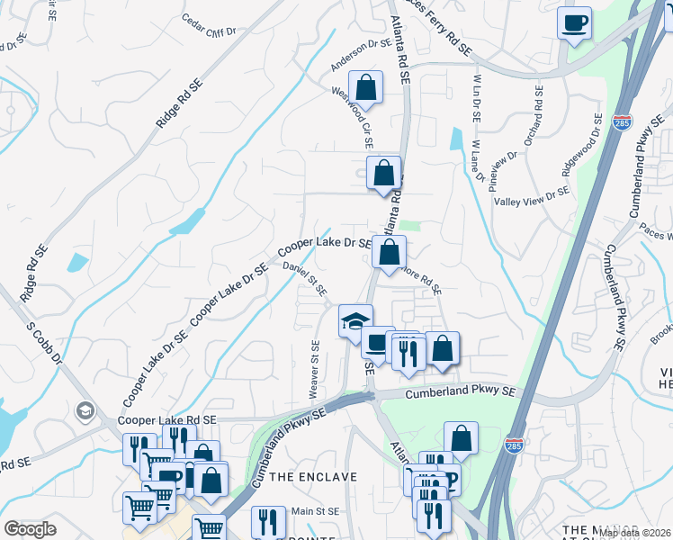 map of restaurants, bars, coffee shops, grocery stores, and more near 4065 Coopers Hill Drive Southeast in Smyrna