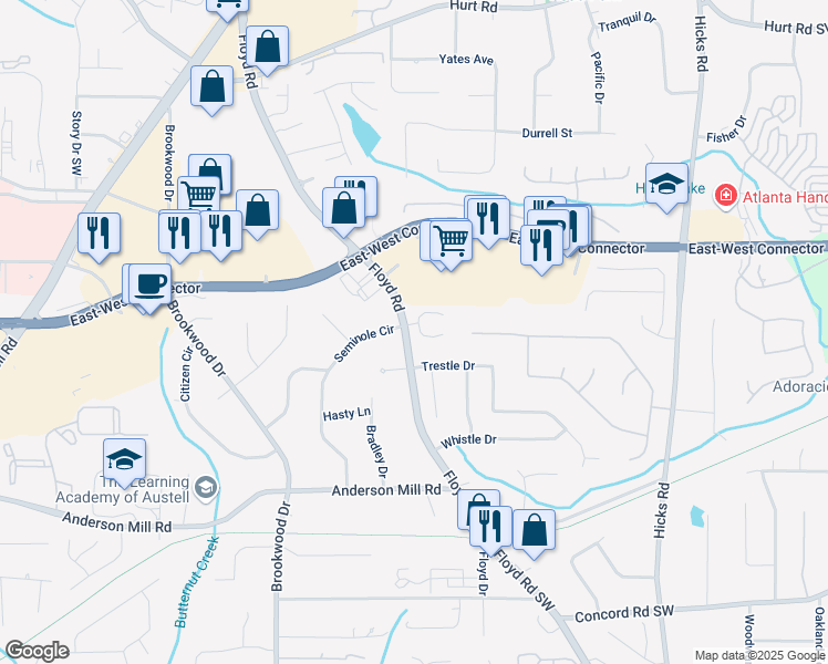 map of restaurants, bars, coffee shops, grocery stores, and more near 4084 Elsdon Drive in Austell