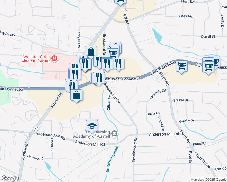 map of restaurants, bars, coffee shops, grocery stores, and more near 4086 Brookwood Drive in Austell