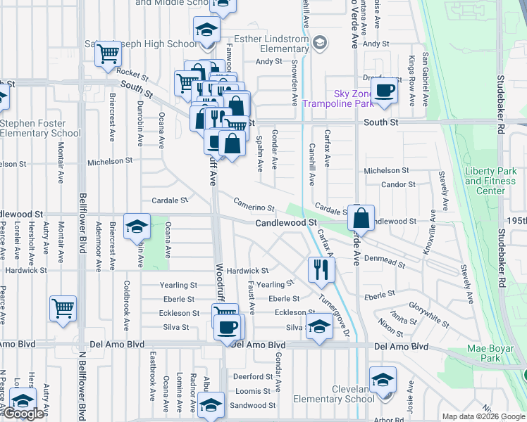 map of restaurants, bars, coffee shops, grocery stores, and more near 6022 Camerino Street in Lakewood