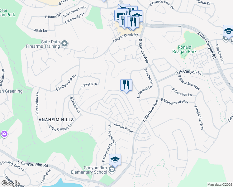 map of restaurants, bars, coffee shops, grocery stores, and more near 7859 East Quinn Drive in Anaheim