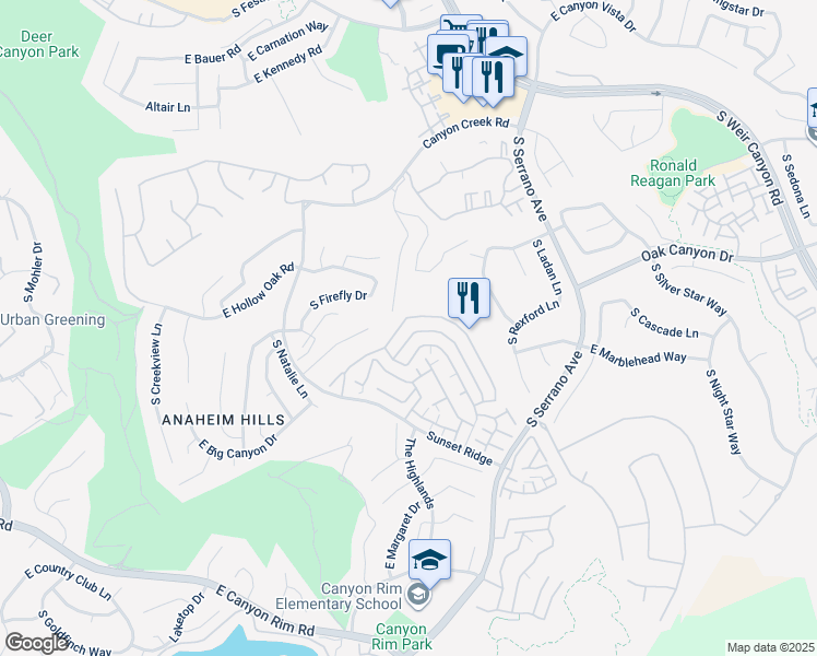 map of restaurants, bars, coffee shops, grocery stores, and more near 7833 East Quinn Drive in Anaheim