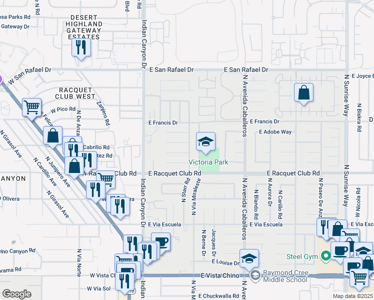 map of restaurants, bars, coffee shops, grocery stores, and more near 578 East Desert Willow Circle in Palm Springs