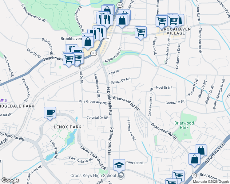 map of restaurants, bars, coffee shops, grocery stores, and more near in Brookhaven