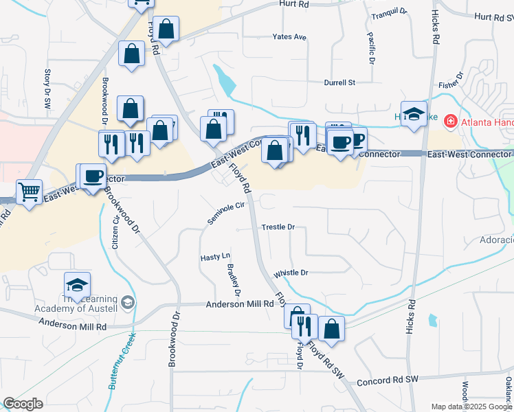 map of restaurants, bars, coffee shops, grocery stores, and more near 4084 Elsdon Drive in Austell