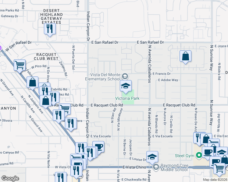 map of restaurants, bars, coffee shops, grocery stores, and more near 578 East Desert Willow Circle in Palm Springs