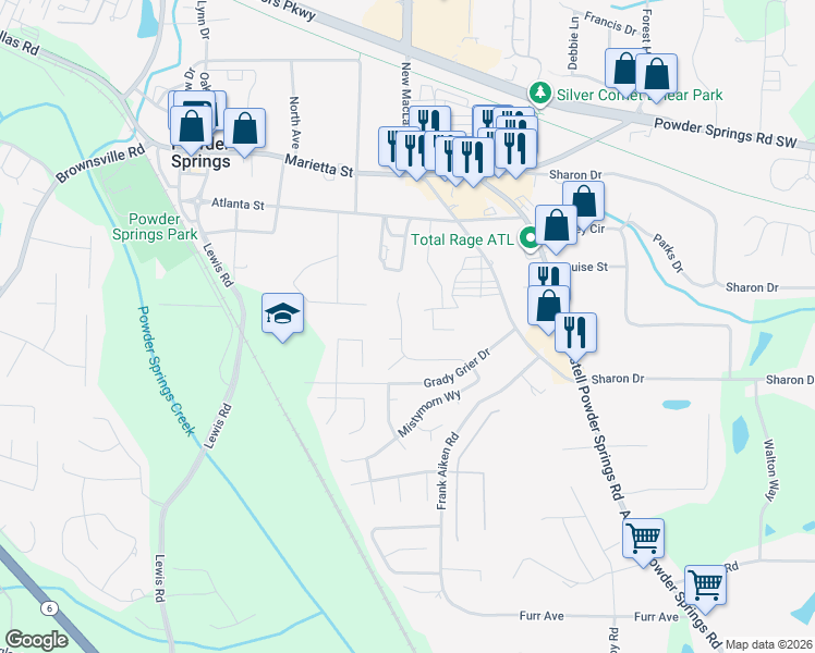 map of restaurants, bars, coffee shops, grocery stores, and more near 4068 Mistymorn Lane in Powder Springs