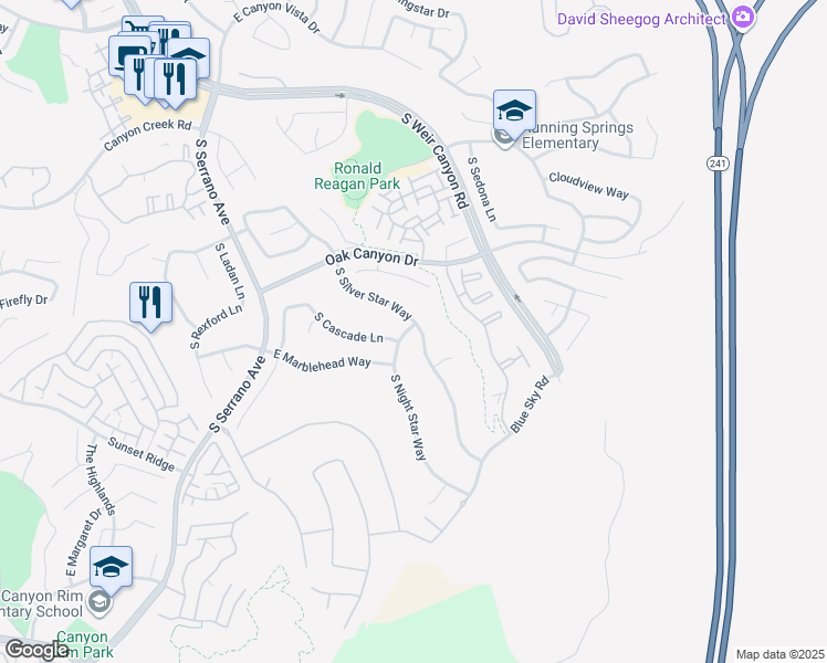 map of restaurants, bars, coffee shops, grocery stores, and more near 1031 South Silver Star Way in Anaheim