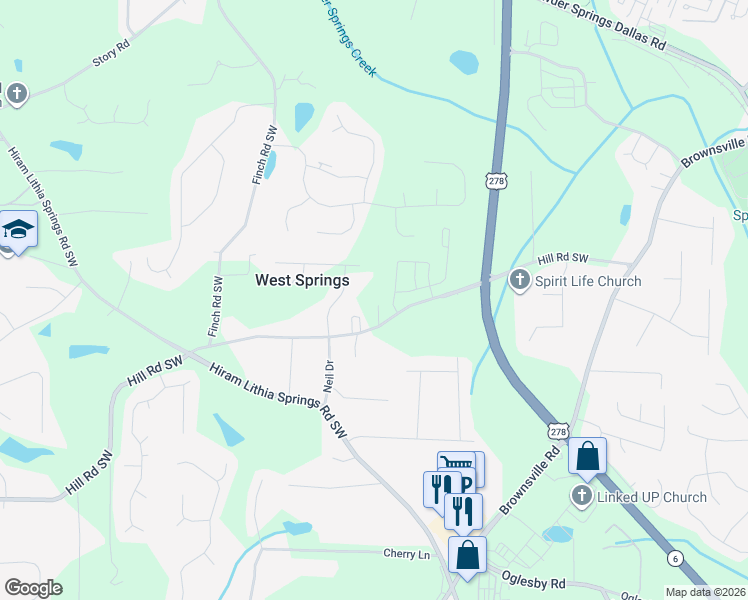 map of restaurants, bars, coffee shops, grocery stores, and more near 5075 Hill Road in Powder Springs