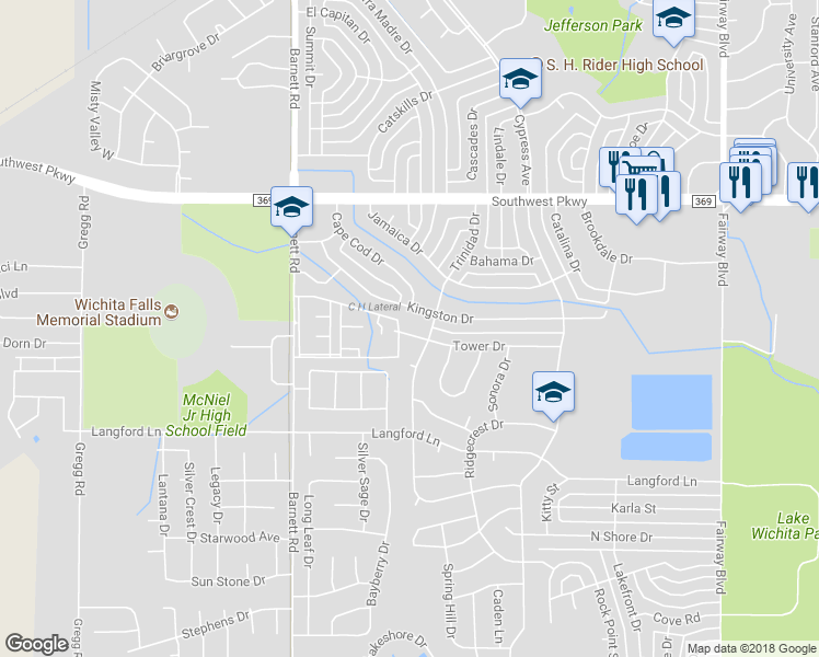 map of restaurants, bars, coffee shops, grocery stores, and more near 5206 Tower Drive in Wichita Falls