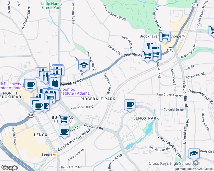 map of restaurants, bars, coffee shops, grocery stores, and more near 3644 Kingsboro Road Northeast in Atlanta