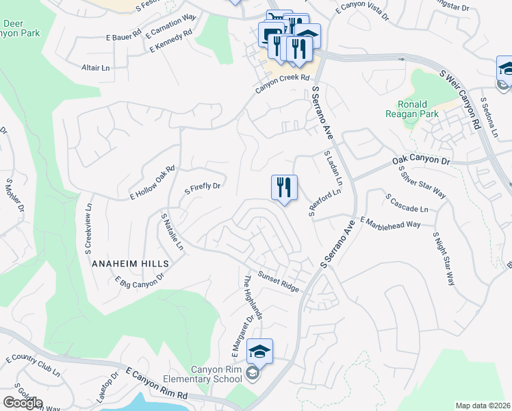 map of restaurants, bars, coffee shops, grocery stores, and more near 7859 East Quinn Drive in Anaheim