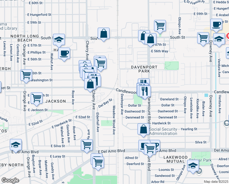 map of restaurants, bars, coffee shops, grocery stores, and more near 5269 Deeboyar Avenue in Lakewood
