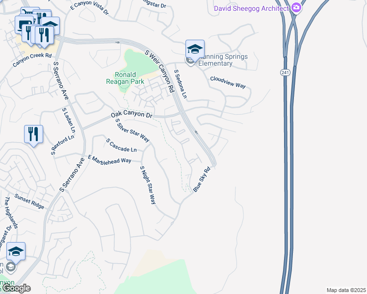 map of restaurants, bars, coffee shops, grocery stores, and more near 1218 South Country Glen Way in Anaheim