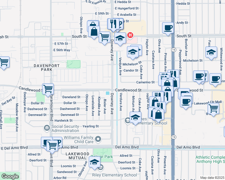 map of restaurants, bars, coffee shops, grocery stores, and more near Downey Avenue & Candlewood Street in Lakewood