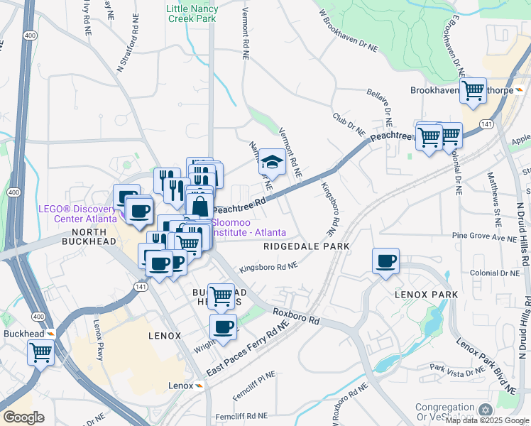 map of restaurants, bars, coffee shops, grocery stores, and more near 3669 Peachtree Road Northeast in Atlanta