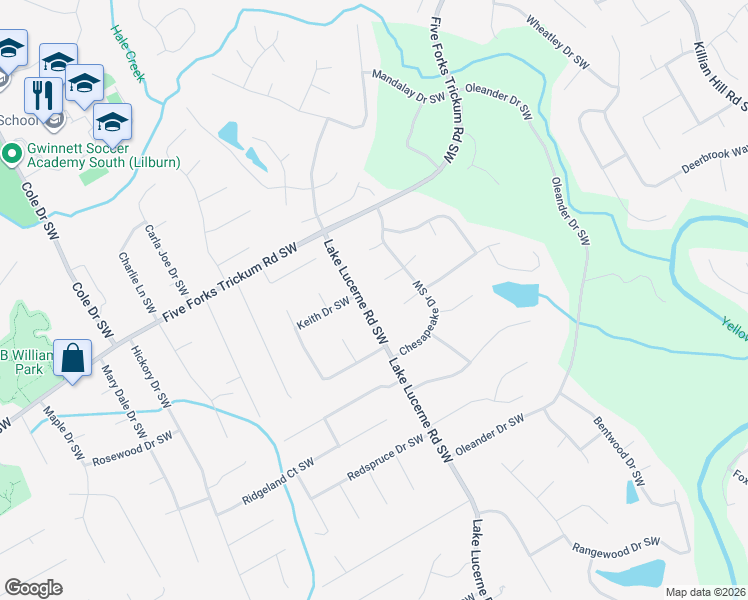 map of restaurants, bars, coffee shops, grocery stores, and more near 1306 Lake Lucerne Road Southwest in Lilburn