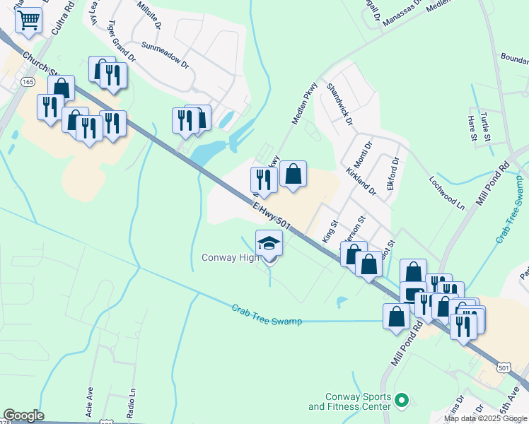 map of restaurants, bars, coffee shops, grocery stores, and more near 2301 Church Street in Conway
