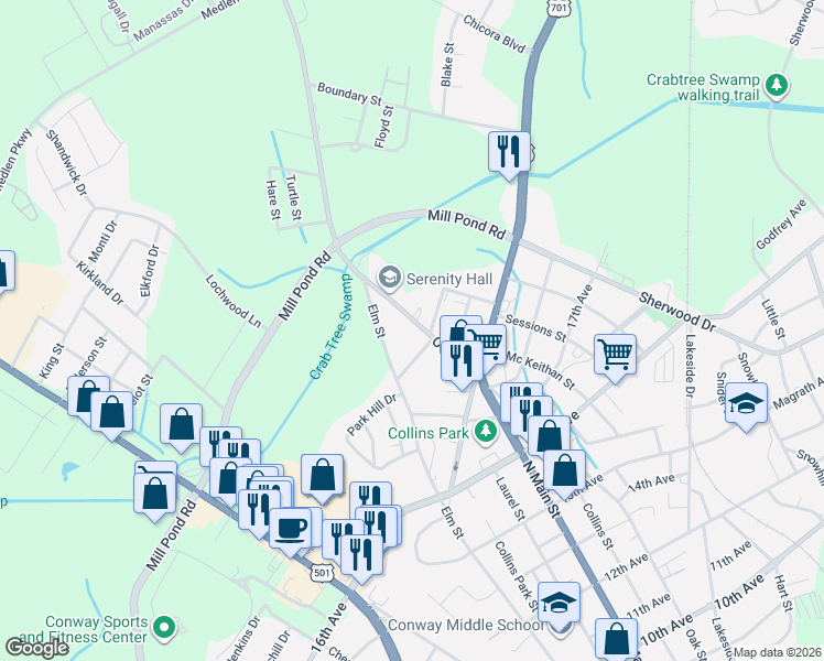 map of restaurants, bars, coffee shops, grocery stores, and more near 2105 Oak Street in Conway