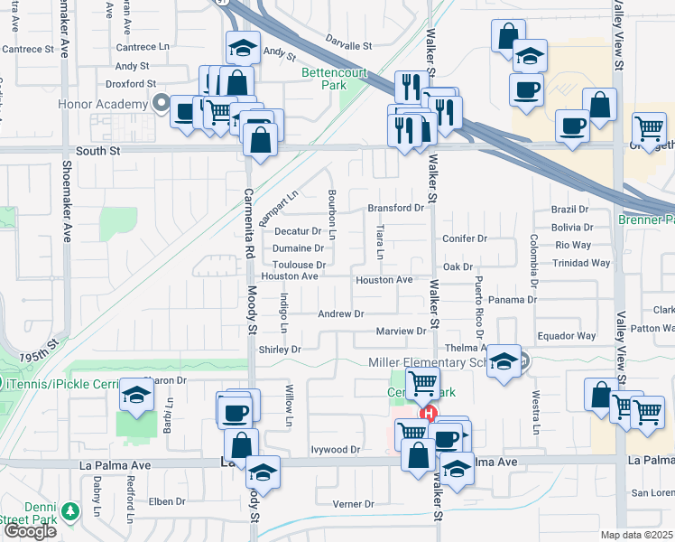 map of restaurants, bars, coffee shops, grocery stores, and more near 5232 Toulouse Drive in La Palma