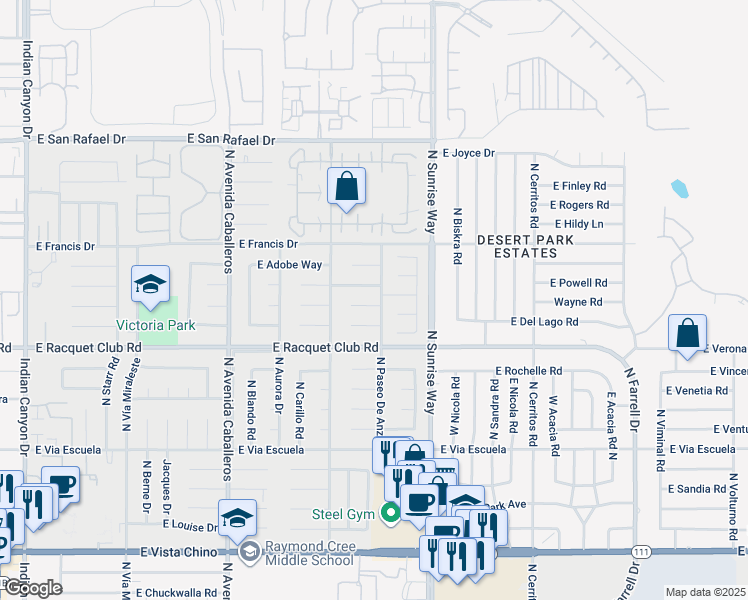 map of restaurants, bars, coffee shops, grocery stores, and more near 1494 East Gem Circle in Palm Springs