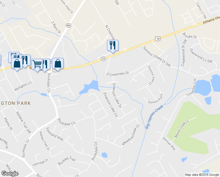 map of restaurants, bars, coffee shops, grocery stores, and more near 1717 Emerson Lake Circle in Snellville