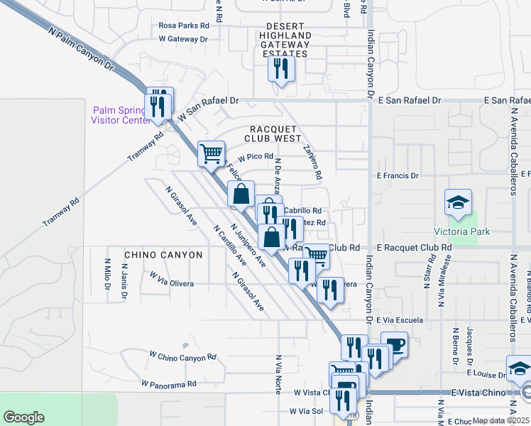 map of restaurants, bars, coffee shops, grocery stores, and more near 483 Beacon Way in Palm Springs