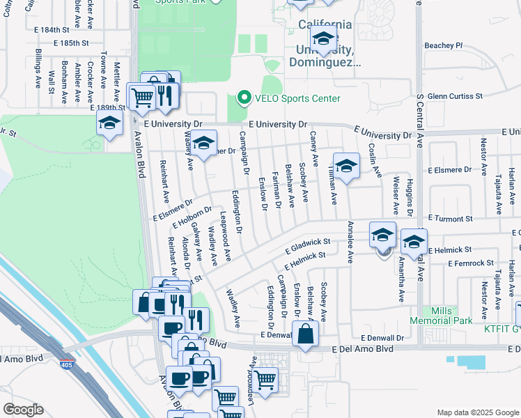 map of restaurants, bars, coffee shops, grocery stores, and more near 19603 Enslow Drive in Carson
