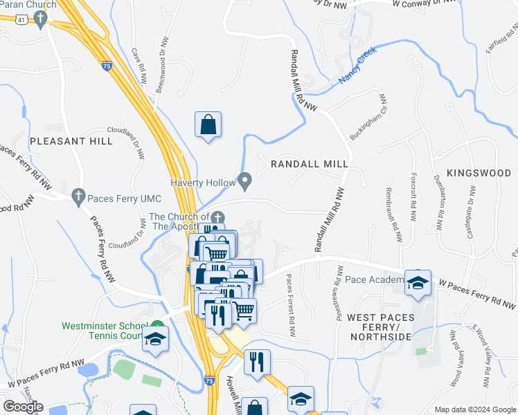map of restaurants, bars, coffee shops, grocery stores, and more near 1210 East Beechwood Drive Northwest in Atlanta