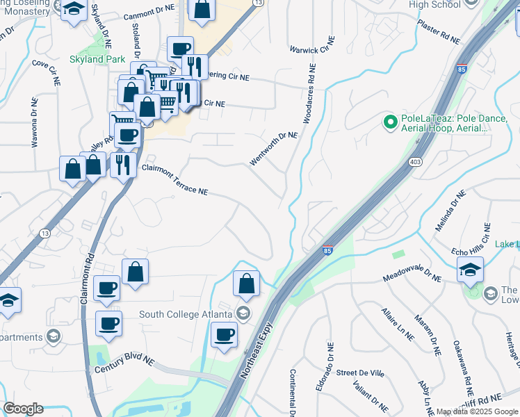 map of restaurants, bars, coffee shops, grocery stores, and more near 2072 Clairmont Terrace Northeast in Atlanta