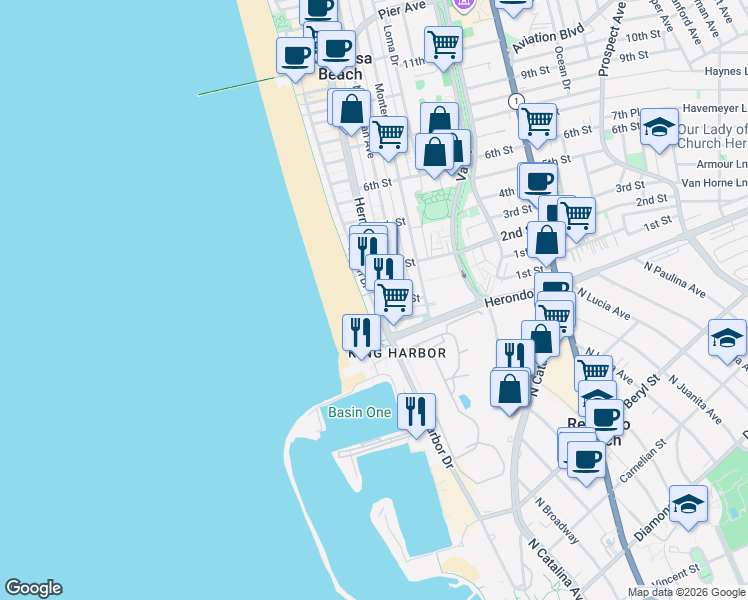 map of restaurants, bars, coffee shops, grocery stores, and more near 16 Hermosa Avenue in Hermosa Beach