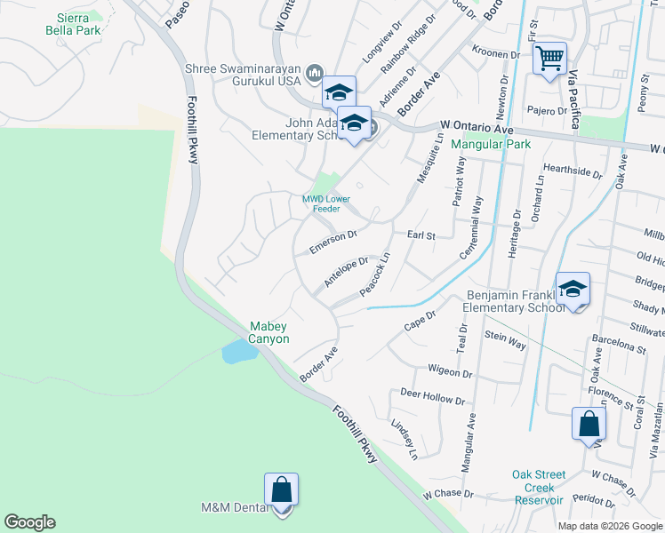 map of restaurants, bars, coffee shops, grocery stores, and more near 2446 Antelope Drive in Corona
