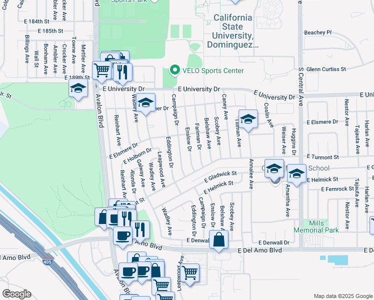 map of restaurants, bars, coffee shops, grocery stores, and more near 19603 Enslow Drive in Carson