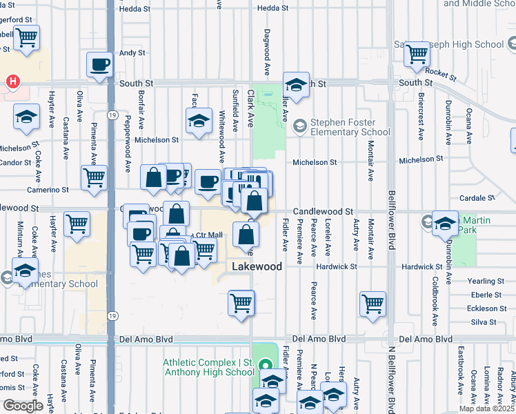 map of restaurants, bars, coffee shops, grocery stores, and more near in Lakewood