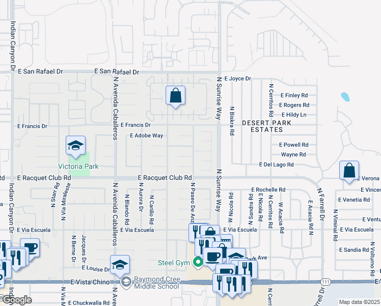 map of restaurants, bars, coffee shops, grocery stores, and more near 1494 East Gem Circle in Palm Springs