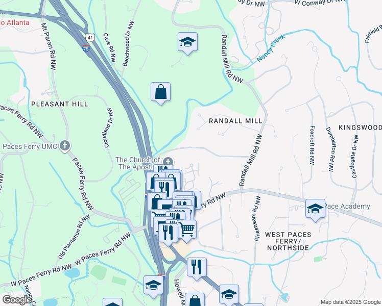 map of restaurants, bars, coffee shops, grocery stores, and more near 1220 East Beechwood Drive Northwest in Atlanta
