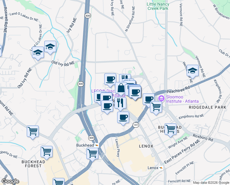 map of restaurants, bars, coffee shops, grocery stores, and more near 650 Phipps Boulevard Northeast in Atlanta