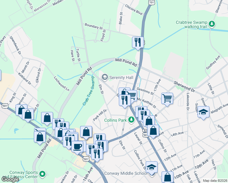 map of restaurants, bars, coffee shops, grocery stores, and more near Oak Street in Conway